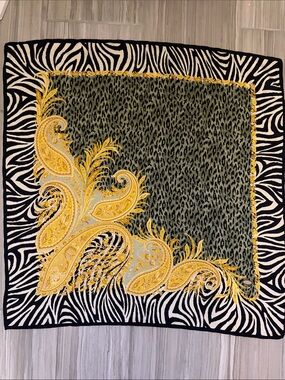 Vintage 90's Versace Green, Yellow & Black Paisley Silk Animal Print Scarf